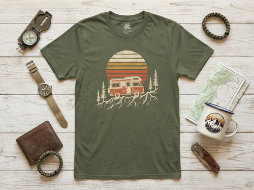 Camper Van T-Shirt in military green, flat lay