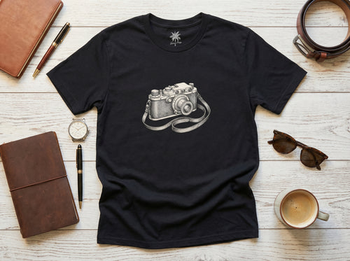 Camera T-Shirt in black, flat lay