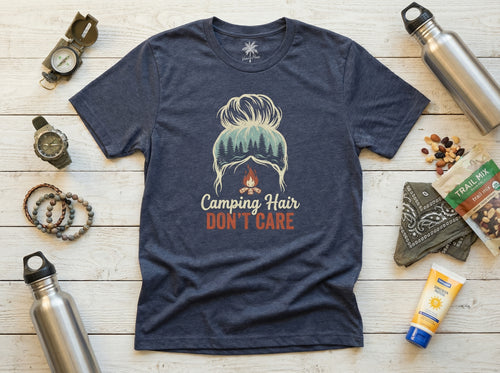 Camping Hair Don't Care T-Shirt in heather navy, flat lay