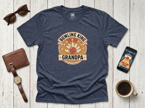Bowling Grandpa T-Shirt in heather navy, flat lay