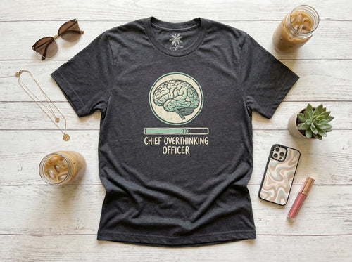 Chief Overthinking Officer T-Shirt in dark heather, flat lay