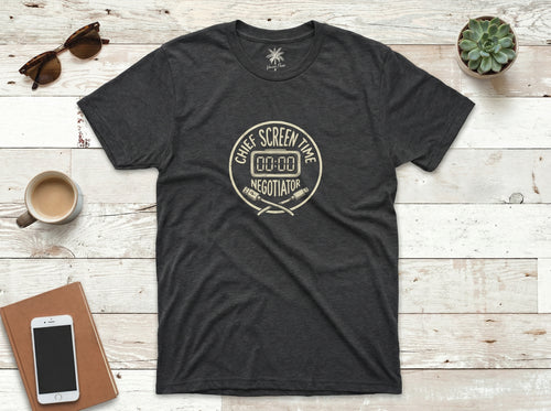 Chief Screen Time Negotiator T-Shirt in dark heather, flat lay