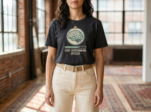 Chief Overthinking Officer T-Shirt in dark heather, worn by a model