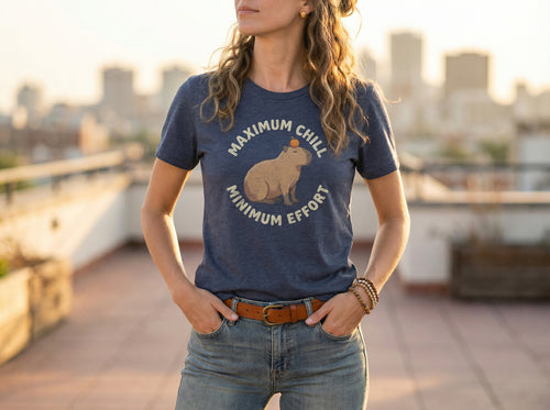 Capybara Zen T-Shirt in heather navy, worn by a model