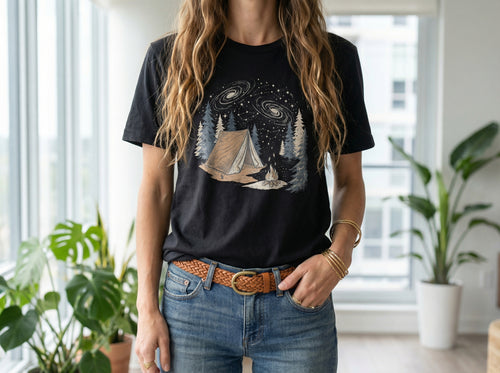 Camping T-Shirt in black, worn by a model