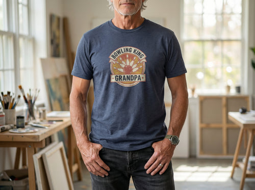 Bowling Grandpa T-Shirt in heather navy, worn by a model