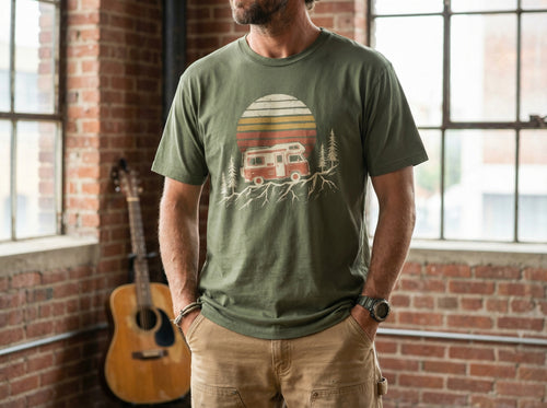 Camper Van T-Shirt in military green, worn by a model