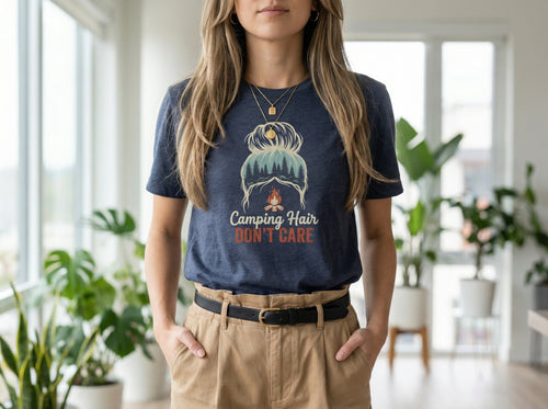 Camping Hair Don't Care T-Shirt in heather navy, worn by a model