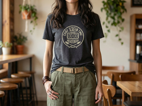 Chief Screen Time Negotiator T-Shirt in dark heather, worn by a model