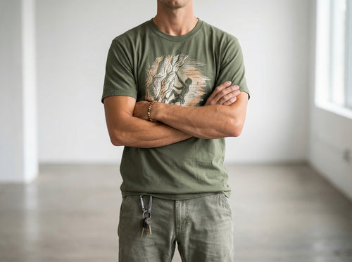 Climbing T-Shirt in military green, worn by a model