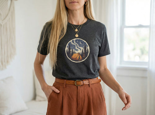 Camping T-Shirt in dark heather, worn by a model