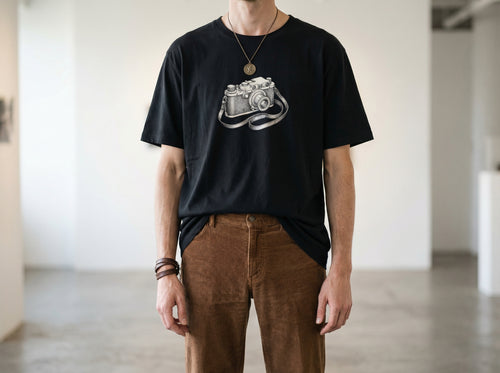 Camera T-Shirt in black, worn by a model