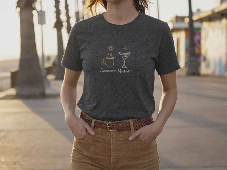 Espresso Martini Shirt | Coffee to Cocktails T-Shirt | Espresso AM Martini PM Tee | Gift for Her | Minimalist Brunch Shirt | Dark Heather - Product Video