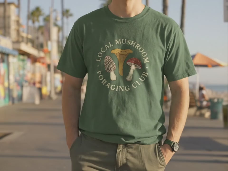 Mushroom Foraging Club T-Shirt | Unisex Vintage Nature Tee | Cottagecore Aesthetic Shirt | Gift for Mycologist | Military Green - Product Video