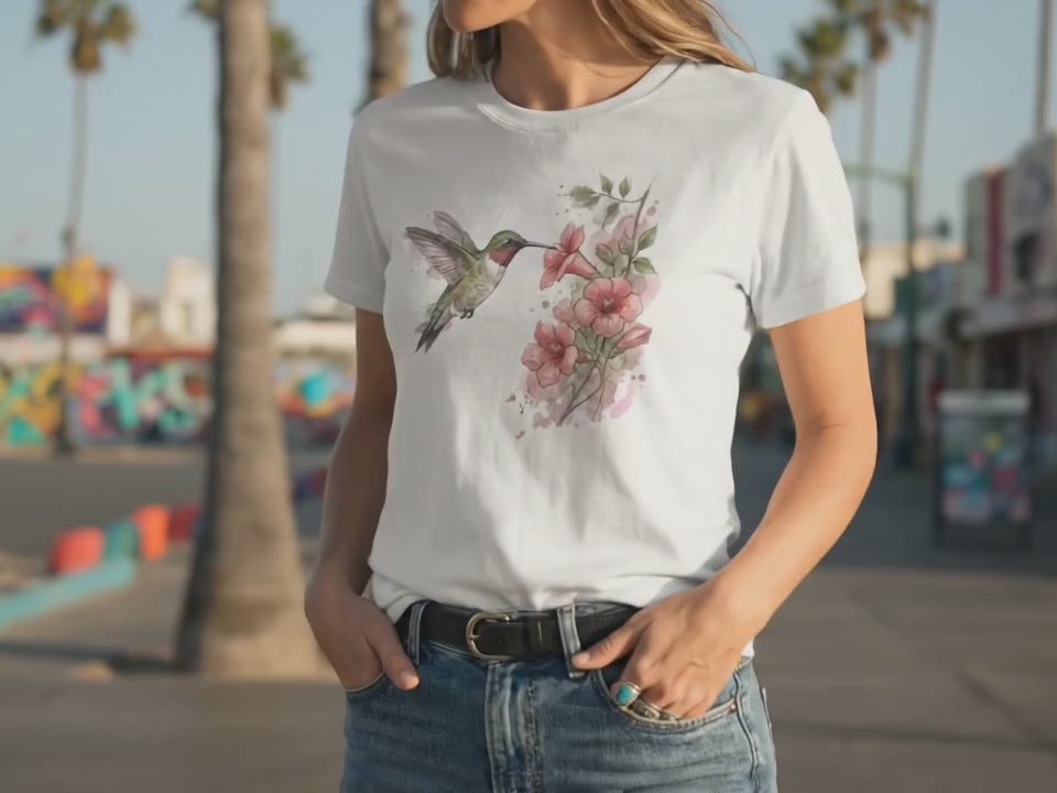 Hummingbird Shirt | Bird Watcher Gift | Flower Shirt | Gift for Her | Watercolor Bird Tee | Botanical Art | Gardener Gift - Product Video