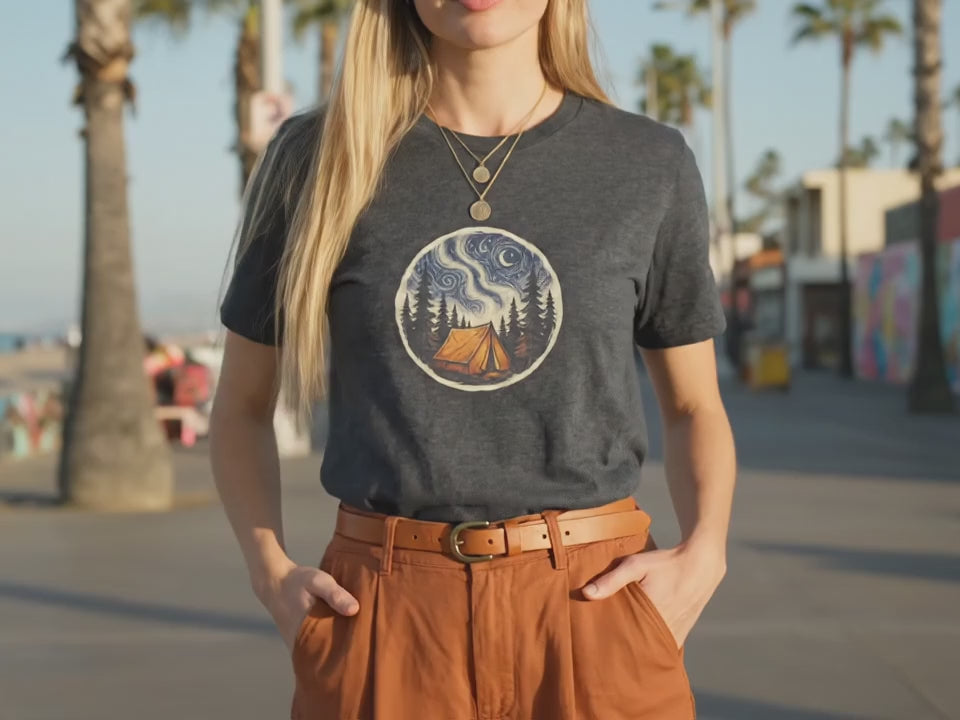 Camping Shirt | Tent Shirt | Outdoor Shirt | Nature Tee | Hiking Shirt | Gift for Camper | Forest Night Camping Art | Aesthetic Hiker Gift - Product Video