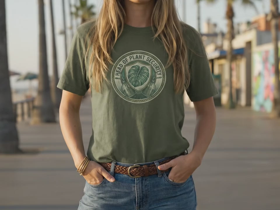 Head of Plant Security T-Shirt | Plant Mom Shirt | Botanical Tee for Gardeners | Military Green Vintage Style Shirt | Gift for Her - Product Video