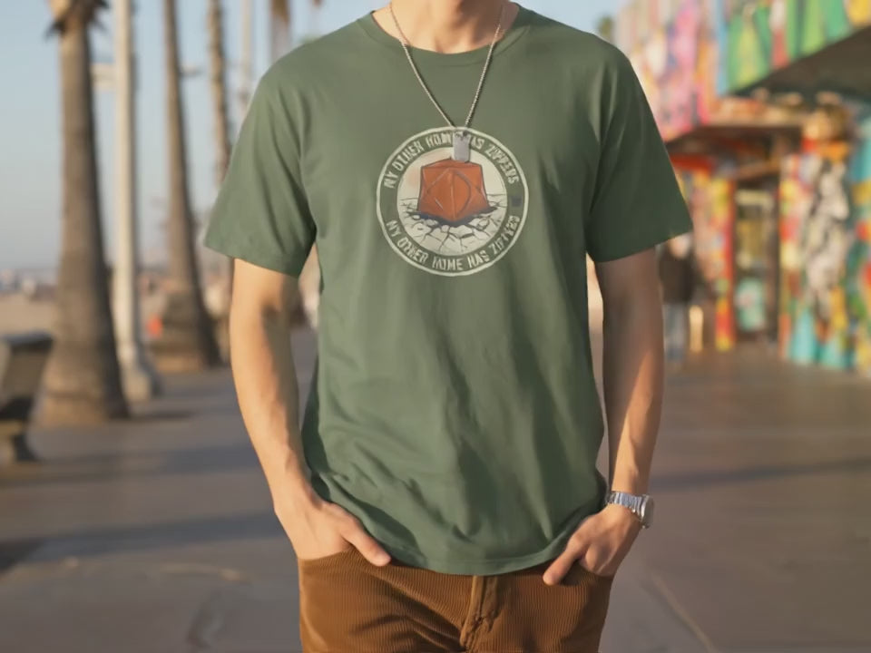 Ice Fishing Tent Shirt | Funny Ice Fisherman Gift | My Other Home Has Zippers Tee | Vintage Winter Fishing Shirt | Military Green - Product Video