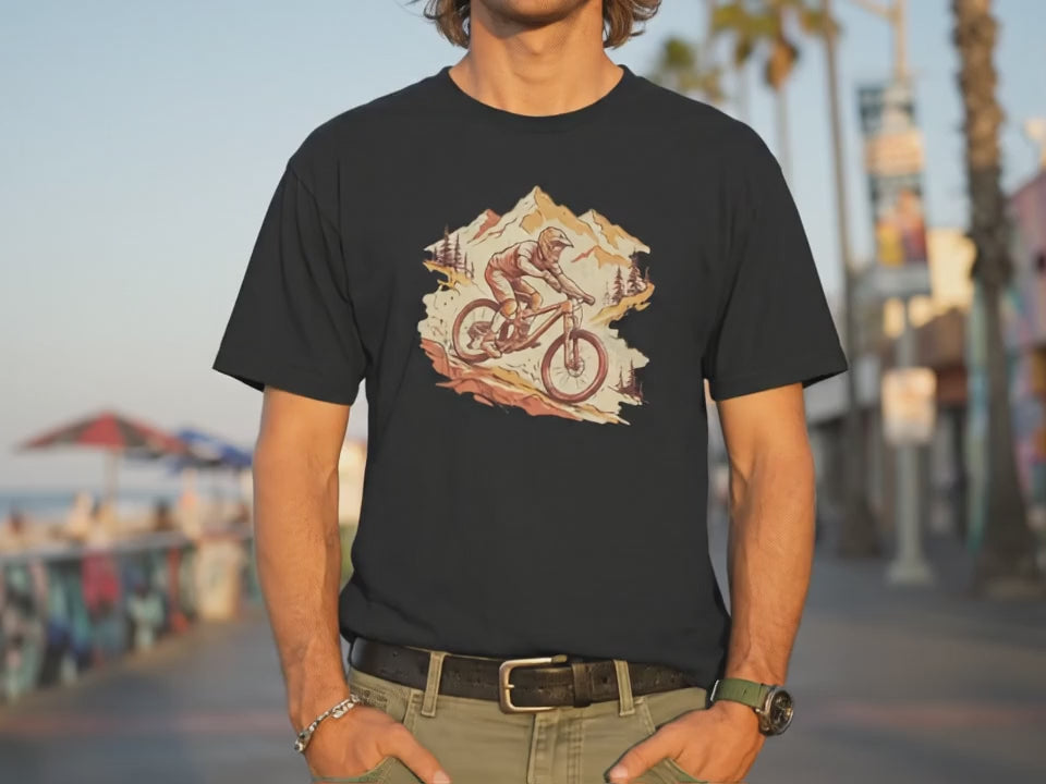 Mountain Bike Shirt | Cycling Tee | Outdoor Shirt | Gift for Mountain Biker | Sunset Mountain Biking Silhouette Graphic Tee - Product Video