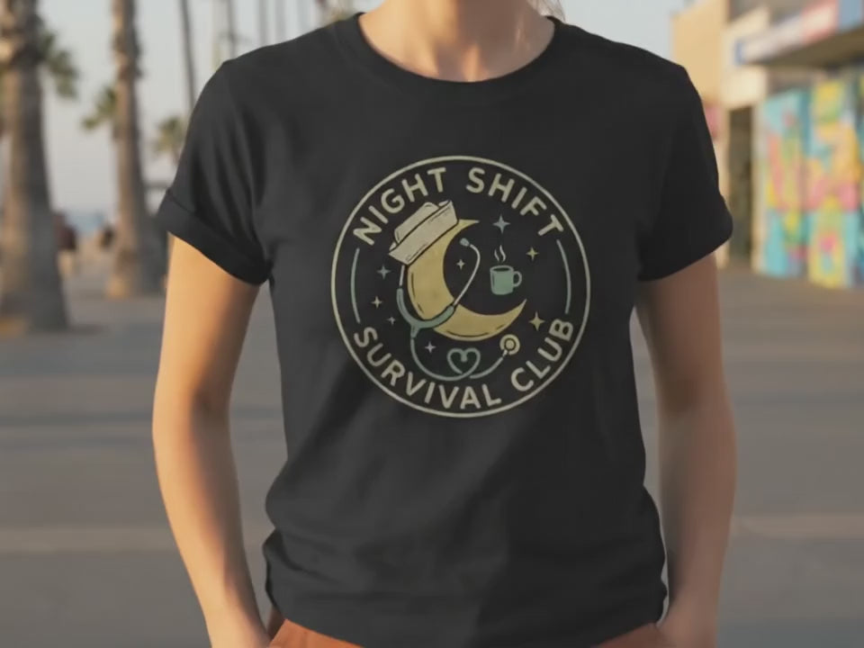 Night Shift Nurse Shirt | Night Shift Survival Club Tee | Gift for RN CNA Med Tech | Vintage Medical Crew Shirt | Black Unisex Graphic Tee - Product Video