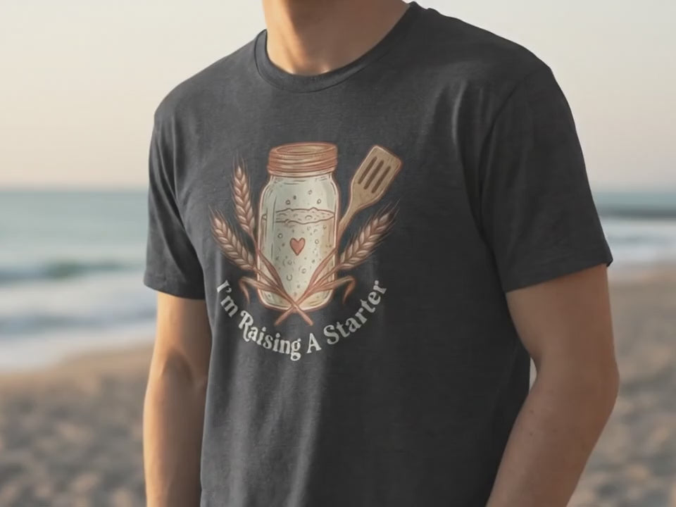 Sourdough Dad Shirt - I'm Raising A Starter T-Shirt | Gift for Baker | Funny Fatherhood Tee | Artisan Baker Gift | Dark Heather Shirt - Product Video