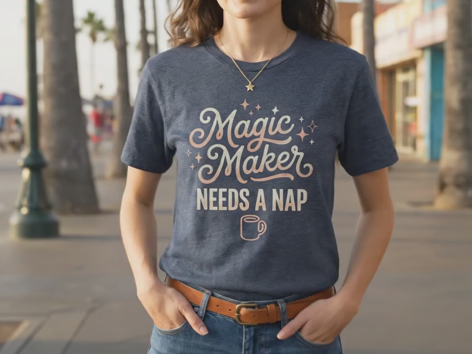Magic Maker Needs A Nap T-Shirt | Tired Mom Shirt | Funny Christmas Gift for Mom | Relatable Motherhood Tee | Dark Heather Holiday Shirt - Product Video