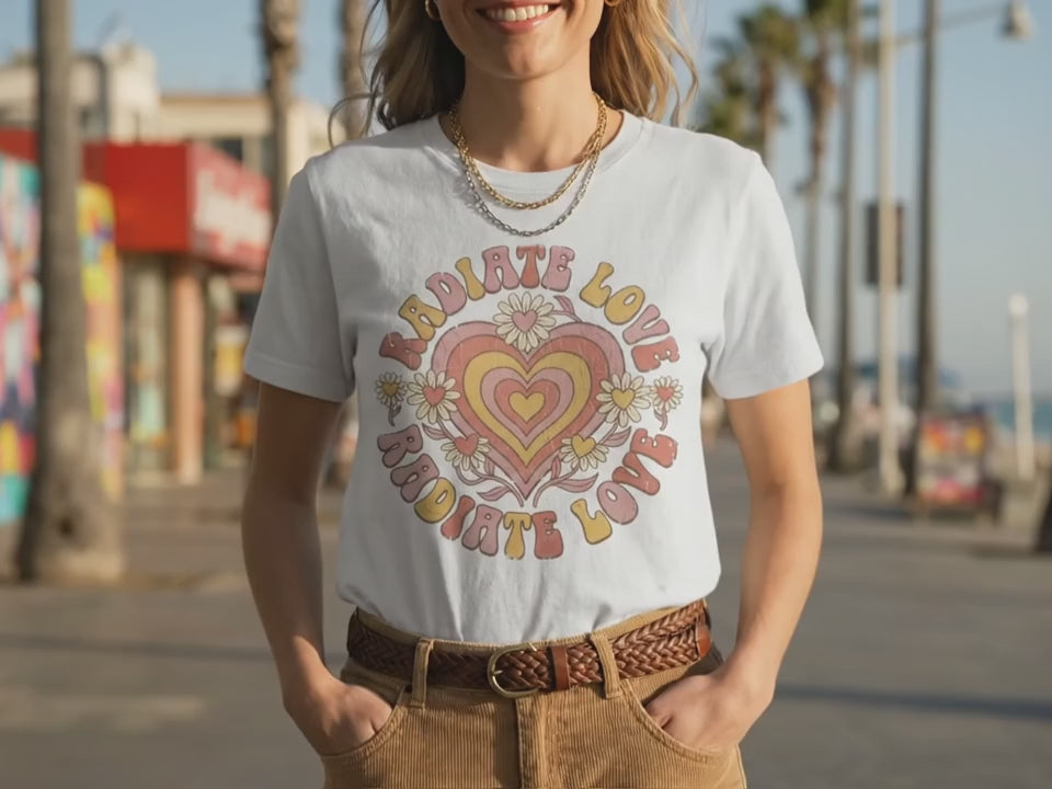 Radiate Love Shirt | 70s Groovy Valentine Tee | Retro Flower Power T-Shirt | Aesthetic Valentine Gift for Her | Vintage Teacher Shirt - Product Video