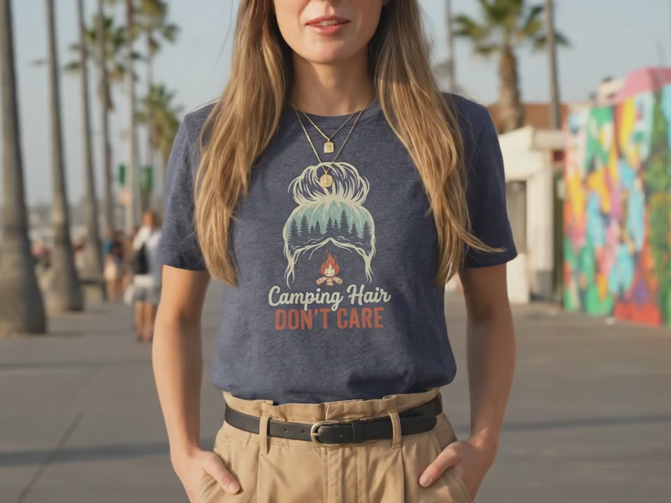 Camping Hair Don't Care Shirt | Vintage Camping Gift for Her | Funny Hiking Tee | Navy Blue Heather RV Life T-Shirt | Outdoorsy Gift - Product Video