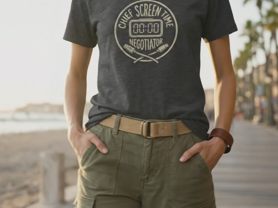Chief Screen Time Negotiator Shirt | Funny Parenting T-shirt | Gift for Tech Savvy Mom or Dad | Modern Parent Unisex Tee Dark Heather - Product Video
