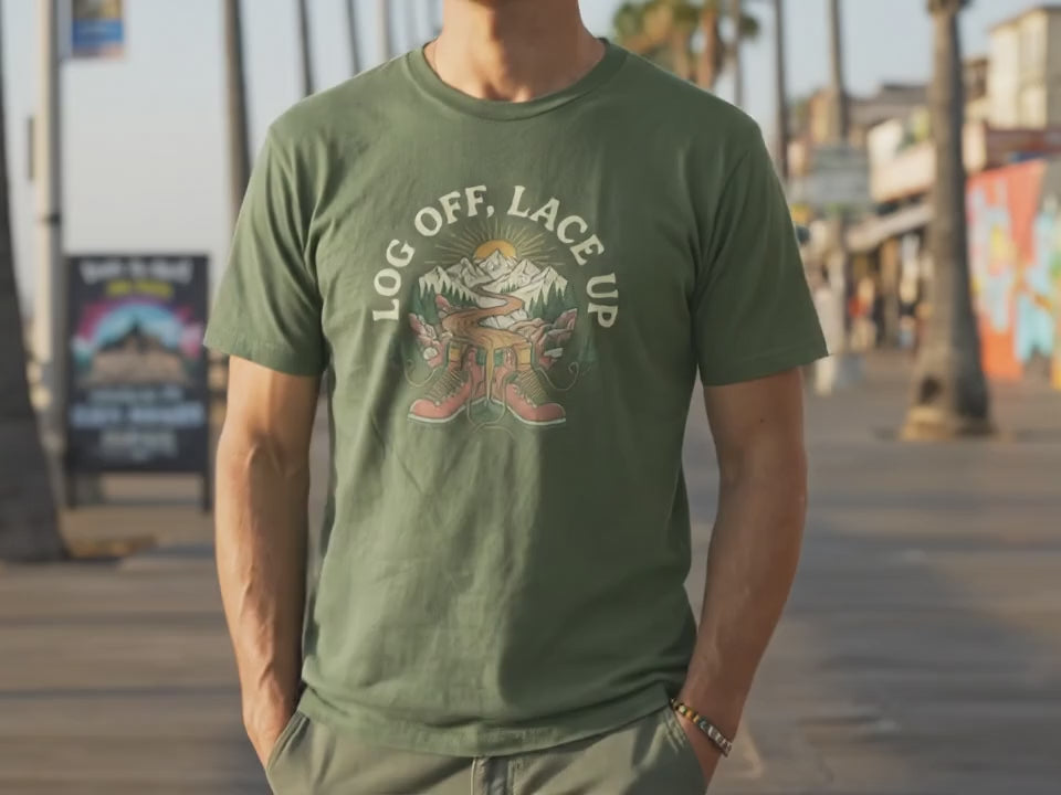 Hiking Shirt for Men and Women | Log Off Lace Up Tee | Digital Detox Shirt | Nature Lover Gift | Outdoor Adventure T-Shirt | Military Green - Product Video
