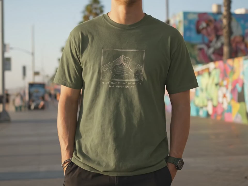 Seek Higher Ground T-Shirt | Minimalist Mountain Topographic Tee | Gorpcore Aesthetic Outdoor Gift | Urban Hiker Alpine Utility Shirt - Product Video