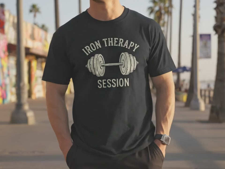 Gym Shirt Iron Therapy Session | Funny Workout Shirt | Fitness Gift for Him | Vintage Weightlifting Tee | Old School Gym Apparel - Product Video